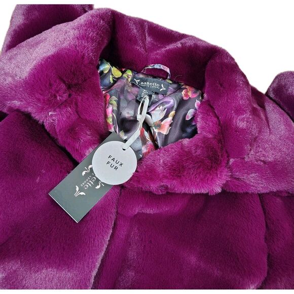 Womens Faux Fur Jacket L Magenta Plush Glam Mob Wife Y2K Cropped Statement Coat - Picture 5 of 9